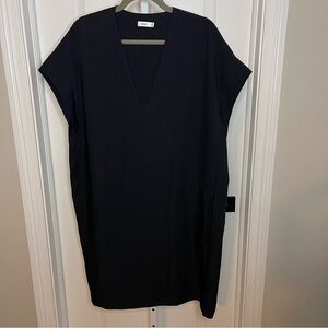 VINCE Black V Neck Tunic Dress Top Size L Minimalist Shift Cap Sleeve